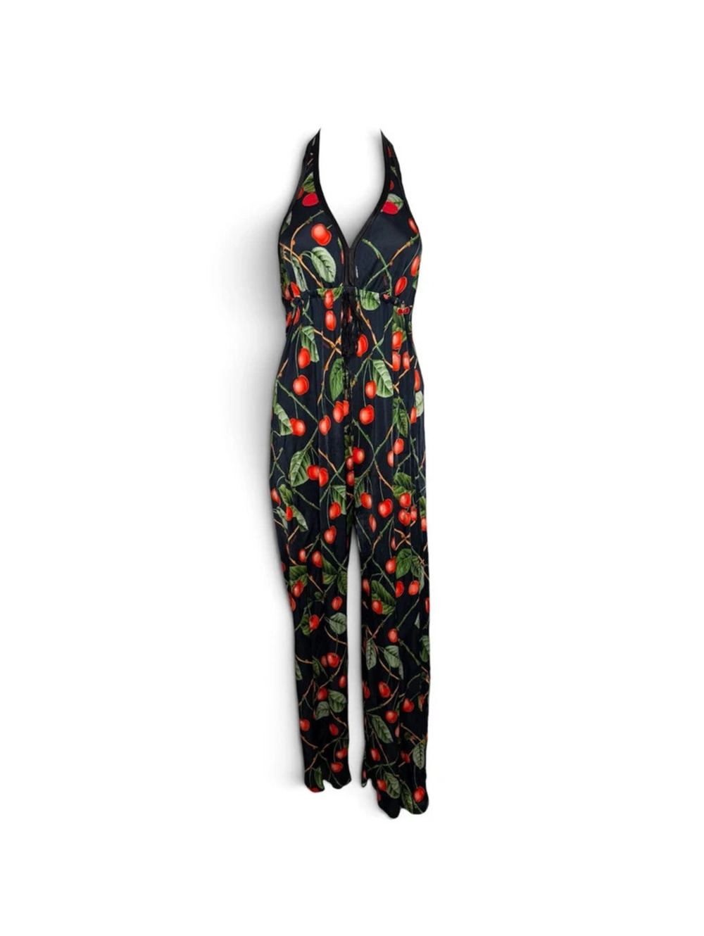 John Galliano F/W 2003 Cherry Print Halter Jumpsuit Y2K Wide Leg Silk Blend